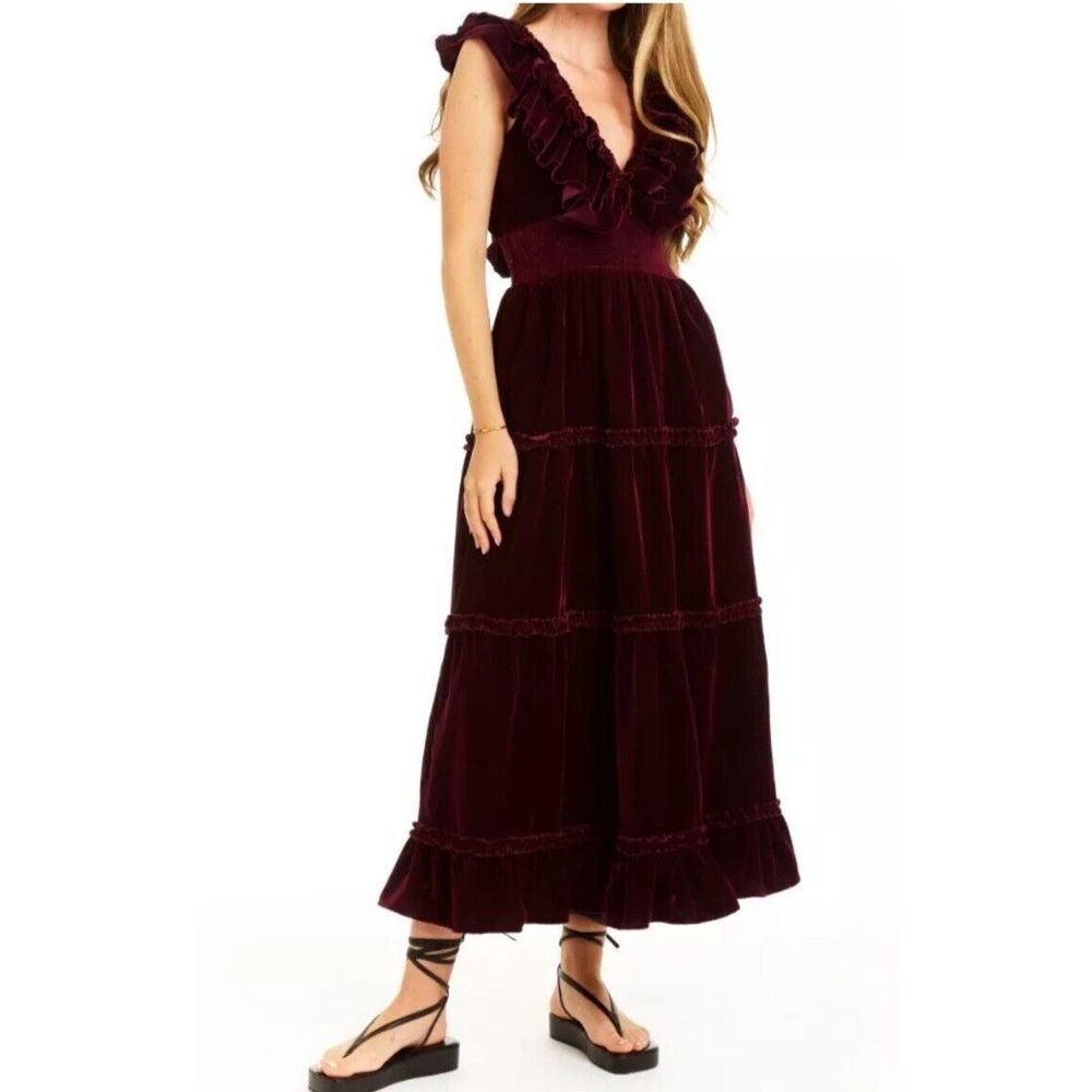 $398 Anthropologie x LOVE THE LABEL Azalea Velvet Ruffle Tiered Midi-Dress,Sz. M